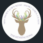 Adesivo Redondo Boho Christmas Reindeer Lavanda Teal Address<br><div class="desc">Boho Christmas Reindeer Teal Address Stickers Adiciona um toque especial aos seus presentes e cartões este ano com estes deliciosos adesivos de vassoura com um veado de galho com palha, lavanda, rosa e pinheiro pastel em suas galhadas. Fácil de personalizar com texto, fontes e cores. Criado pelo designer Zazzle pro...</div>