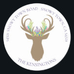 Adesivo Redondo Boho Christmas Reindeer Lavanda Teal Address<br><div class="desc">Boho Christmas Reindeer Teal Address Stickers Adiciona um toque especial aos seus presentes e cartões este ano com estes deliciosos adesivos de vassoura com um veado de galho com palha, lavanda, rosa e pinheiro pastel em suas galhadas. Fácil de personalizar com texto, fontes e cores. Criado pelo designer Zazzle pro...</div>