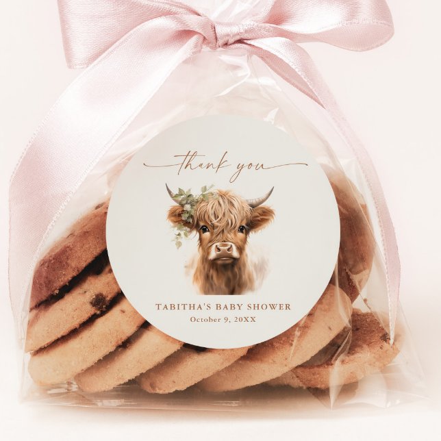 Adesivo Redondo Boho Cow Casais Chá de fraldas Obrigado (Highland Cow Script Baby Shower Thank You Favor or Envelope Sticker Tag.)