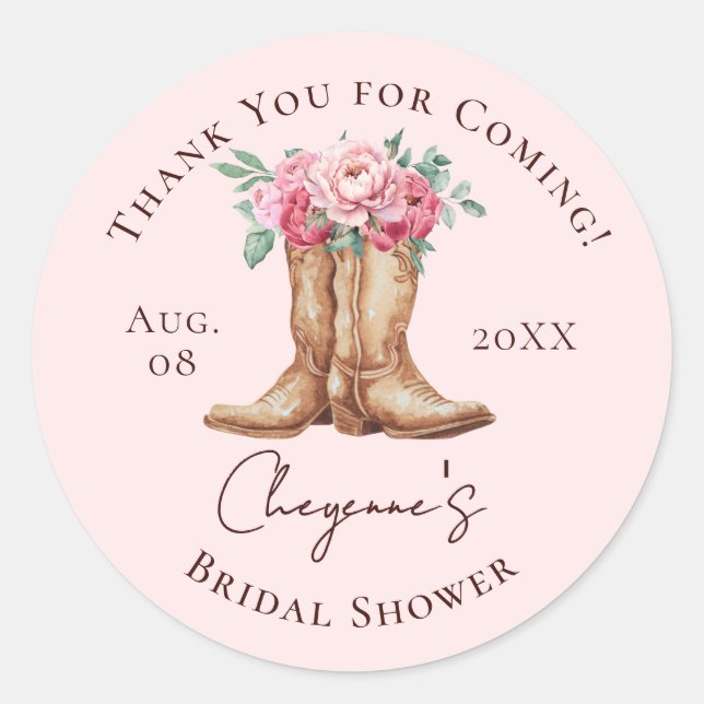 Adesivo Redondo Boho Cowgirl Pink Floral BRIDAL SHOWER Thank You (Frente)