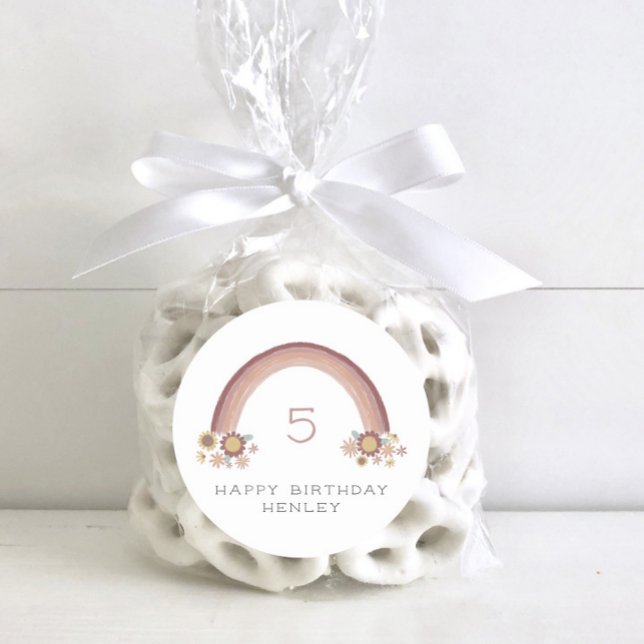 Adesivo Redondo Boho Daisy Floral Rainbow Girls Aniversário (Criador carregado)