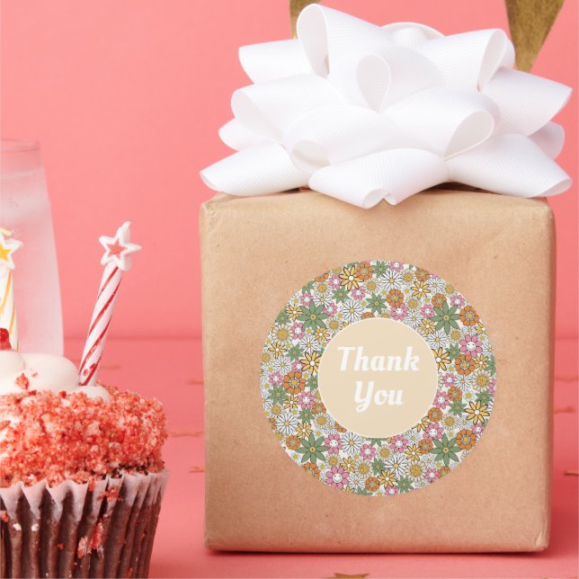 Adesivo Redondo Boho Daisy Flowers 70s Groovy Floral (Festa)