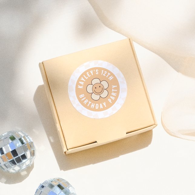 Adesivo Redondo Boho Daisy Groovy Retro Girl Festa de aniversário (Criador carregado)