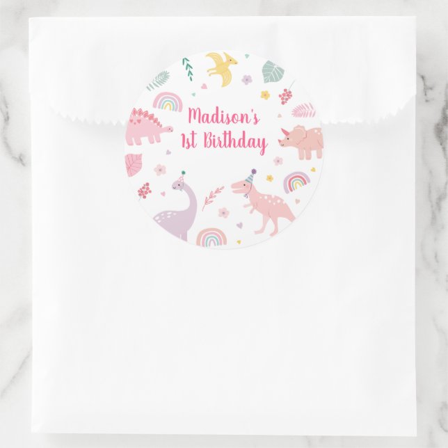 Adesivo Redondo Boho Dinossaur Rosa Aniversário (Bolsa)