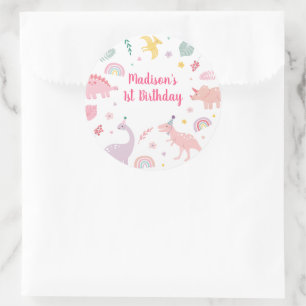 Adesivo Redondo Boho Dinossaur Rosa Aniversário