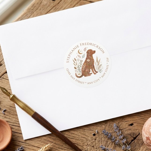 Adesivo Redondo Boho Dog Lover New Home Floral Celestial Art (Boho dog lover return address label)