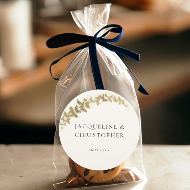 Adesivo Redondo Boho Dourado Borboletas Romântica Casamento (boho gold butterflies romantic wedding sticker elegant modern bohemian simple minimalist rustic chic)