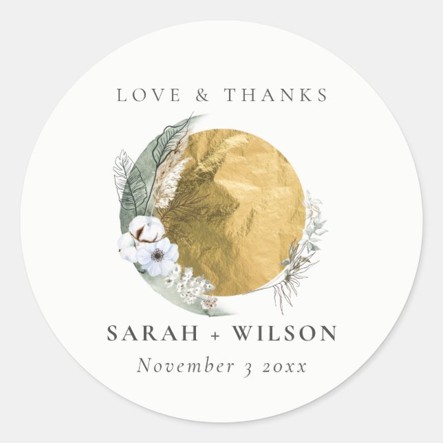 Adesivo Redondo Boho Dourado Saga Green Floral Wreath Obrigados (Frente)