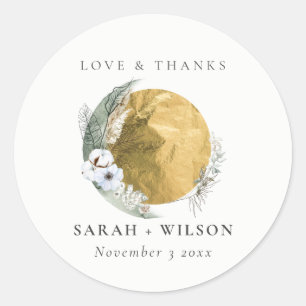 Adesivo Redondo Boho Dourado Saga Green Floral Wreath Obrigados