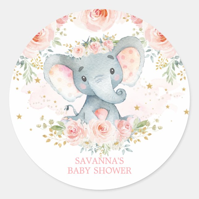 Adesivo Redondo Boho Elephant Pink Floral Baby Girl (Frente)