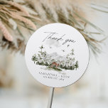 Adesivo Redondo Boho Evergreen Casamento da Floresta Russa da Mont<br><div class="desc">Vinheta redonda rustic Mountain Forest Boho Evergreen</div>