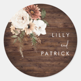 Adesivo Redondo Boho Fall Floral Terracotta Casamento Madeira Rúst