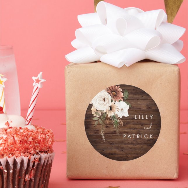 Adesivo Redondo Boho Fall Floral Terracotta Casamento Madeira Rúst (Festa)