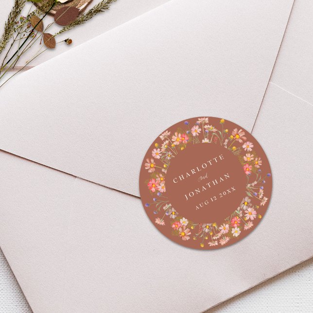 Adesivo Redondo Boho Fall Rustic Floral Personalizado Casamento (Boho fall wildflower floral burnt orange terracotta custom wedding stickers )