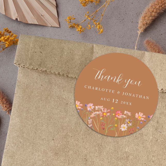 Adesivo Redondo Boho Fall Rustic Floral Weding (Terracotta burnt orange Boho fall Wildflower custom Wedding thank you favor stickers)