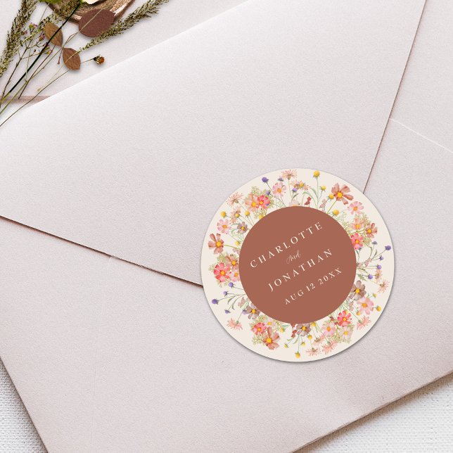 Adesivo Redondo Boho Fall Rustic Wildflower Personalizado (Boho fall wildflower rustic floral beige burnt orange personalized wedding stickers Vintage bohemian)