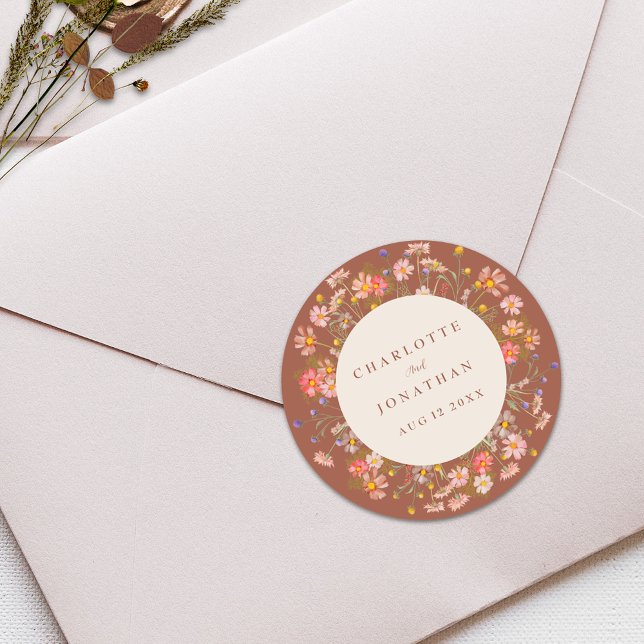Adesivo Redondo Boho Fall Rustic Wildflower Wedding (Boho fall rustic wildflower floral burnt Orange terracotta beige custom wedding stickers)