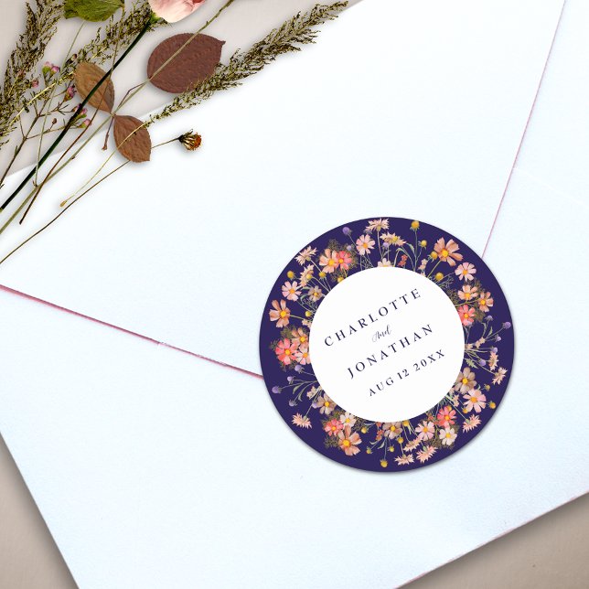 Adesivo Redondo Boho Fall Rustic Wildflower Wedding (Boho fall wildflower floral navy blue terracotta burnt orange wedding personalized sticker)