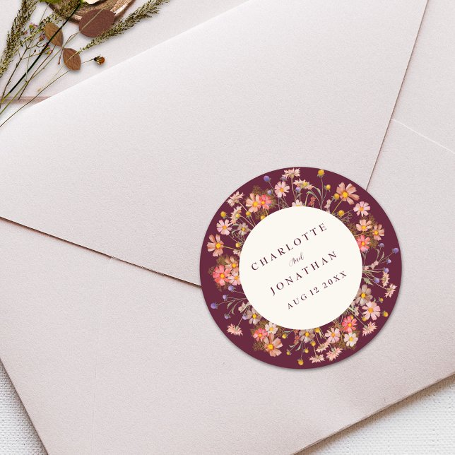 Adesivo Redondo Boho Fall Rustic Wildflower Wedding (Boho rustic wildflower floral fall wedding custom sticker burgundy burnt orange terracotta )