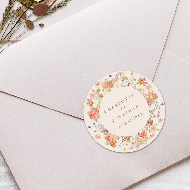 Adesivo Redondo Boho Fall Wildflower Personalizado (Boho fall wildflower rustic floral beige burnt orange terracotta personalized wedding stickers)