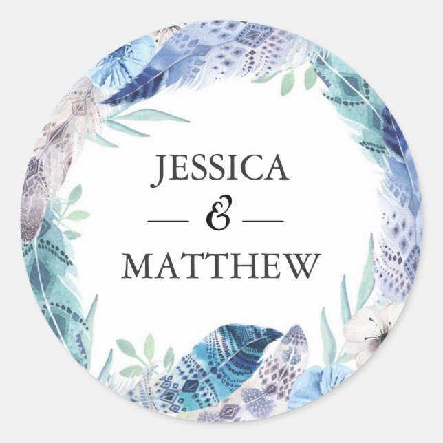 Adesivo Redondo Boho Feather Casado Obrigado (Frente)