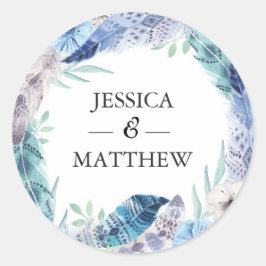 Adesivo Redondo Boho Feather Casado Obrigado