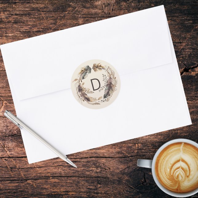 Adesivo Redondo Boho Feather Wreath Monograma (Criador carregado)