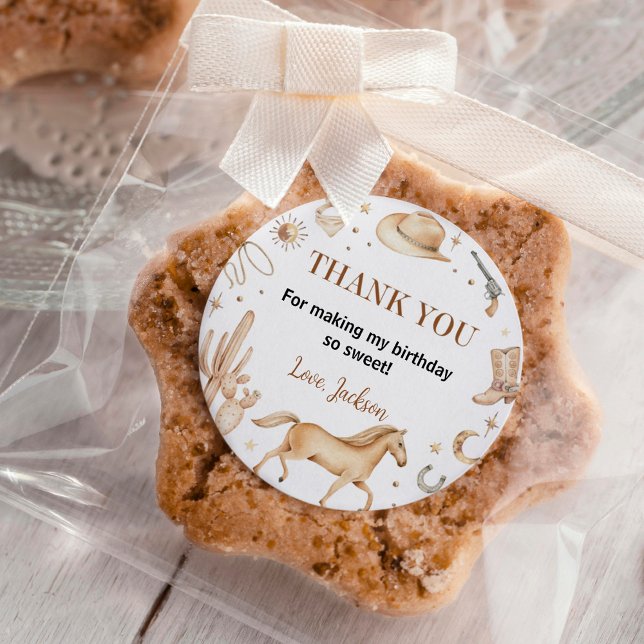 Adesivo Redondo Boho First Rodeo Labels Pinheiros de Aniversário (Criador carregado)