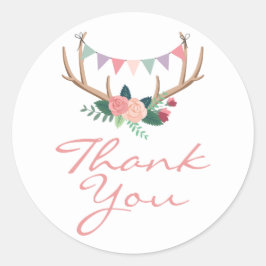Adesivo Redondo Boho Floral Antlers & Shabby Rosa Party Obrigado