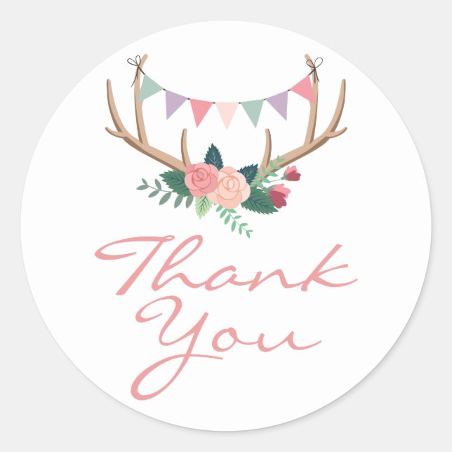 Adesivo Redondo Boho Floral Antlers & Shabby Rosa Party Obrigado (Frente)