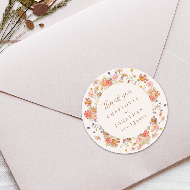 Adesivo Redondo Boho Floral Casamento outono Obrigado (Boho wildflower rustic fall wedding thank you sticker beige cream ivory watercolor florals)
