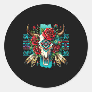 Adesivo Redondo Boho floral crânio de touro rosas asteca caubói oc