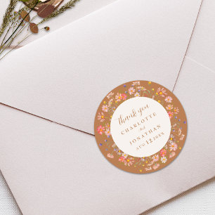 Adesivo Redondo Boho Floral Elegante Casamento de Outono Obrigada