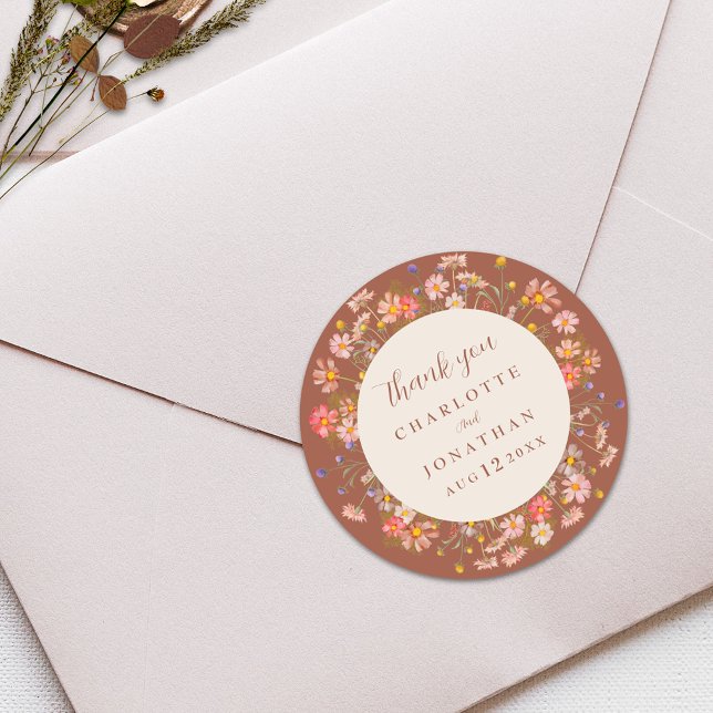 Adesivo Redondo Boho Floral Fall Burnt Orange Weding Obrigado (Boho fall rustic Wildflower floral burnt orange and beige Wedding thank you custom stickers)