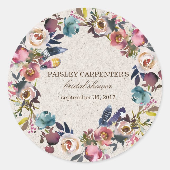 Adesivo Redondo Boho Floral Feather Rustic Chá Sticker, Favor (Frente)