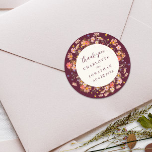 Adesivo Redondo Boho Floral Outono Casamento Burgundy Agradeciment