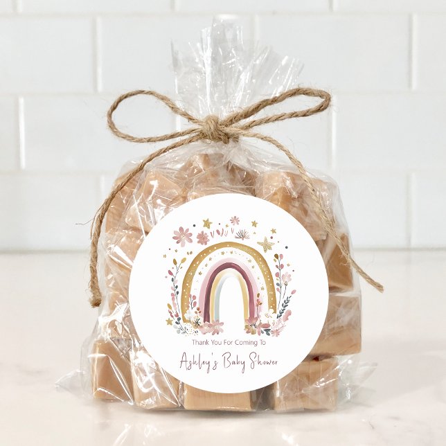 Adesivo Redondo Boho Floral Rainbow Chá de fraldas Obrigado (Criador carregado)