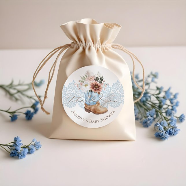 Adesivo Redondo Boho Floral Western Blue Cowboy Boot Obrigado (Boho Floral Western Blue Cowboy Boot Thank You Classic Round Sticker)