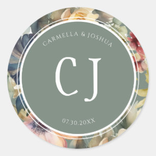 Adesivo Redondo Boho Floral Wildflower Monograma Sage Green