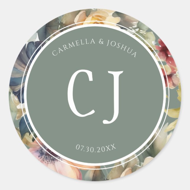 Adesivo Redondo Boho Floral Wildflower Monograma Sage Green (Frente)