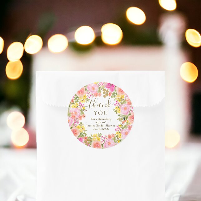 Adesivo Redondo Boho flores silvestres obrigado você chá de panela (Boho wild flowers thank you pink bridal shower classic round sticker)