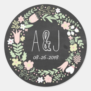 Adesivo Redondo Boho Flower Wreath Rustic Chalkboard Casamento