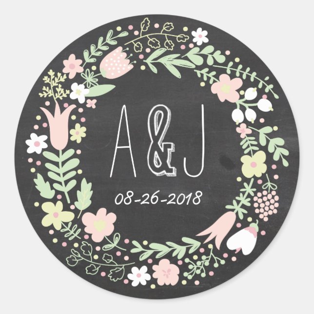 Adesivo Redondo Boho Flower Wreath Rustic Chalkboard Casamento (Frente)