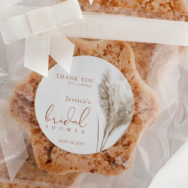 Adesivo Redondo Boho Fluffy Pampas Grass Chá de panela Obrigado (Criador carregado)