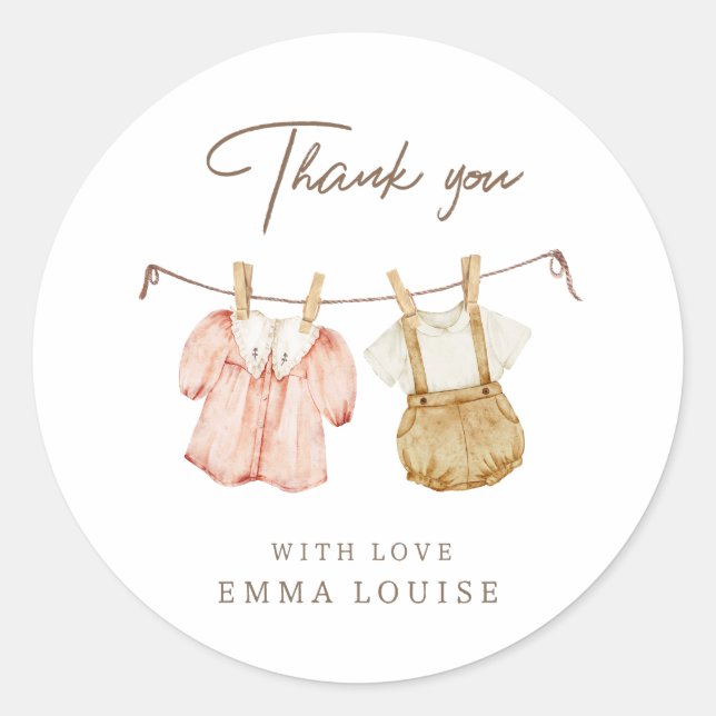 Adesivo Redondo Boho Gênero Revele Roupas de Chá de fraldas de Vin (Frente)