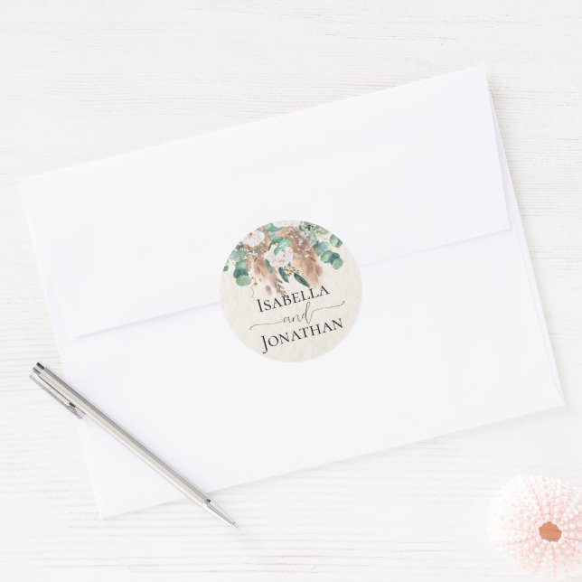 Adesivo Redondo Boho Green Beige Eucalyptus Pampas Wedding (Envelope)
