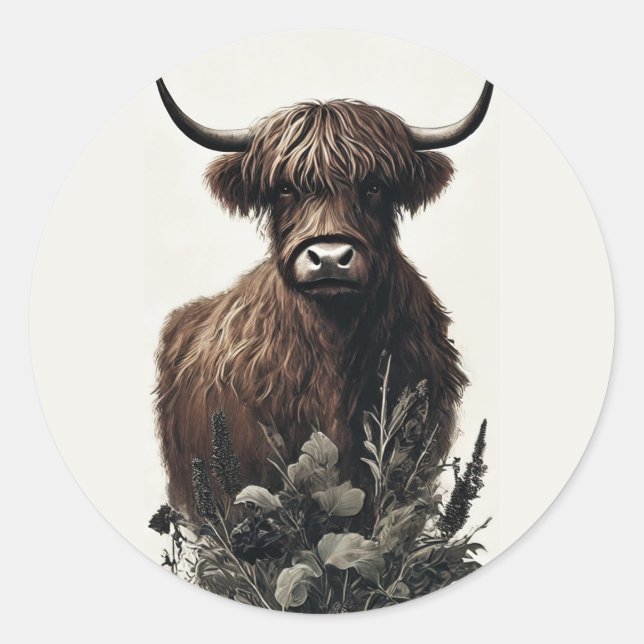 Adesivo Redondo Boho Highland Cow (Frente)