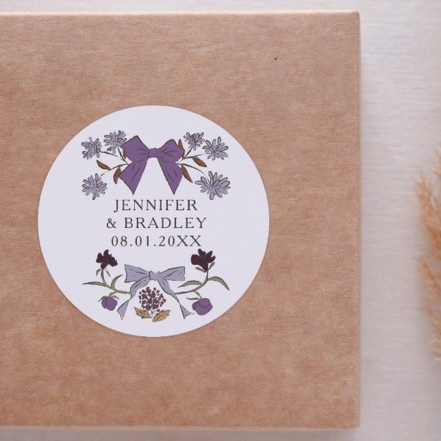 Adesivo Redondo Boho Lilac Ribbons Floral Weding Favor (Criador carregado)