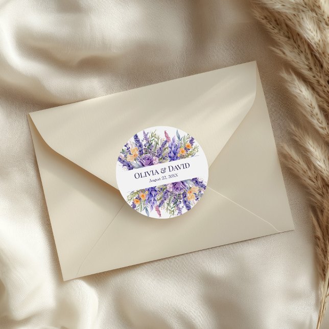 Adesivo Redondo Boho Lilac Watercolor (Boho Lilac Watercolor Wildflower Wedding Classic Round Sticker on a small envelope.)
