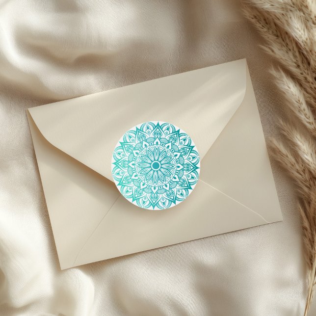Adesivo Redondo Boho Mandala Turquesa (Boho Turquoise Mandala Classic Round Sticker on an elegant envelope.)